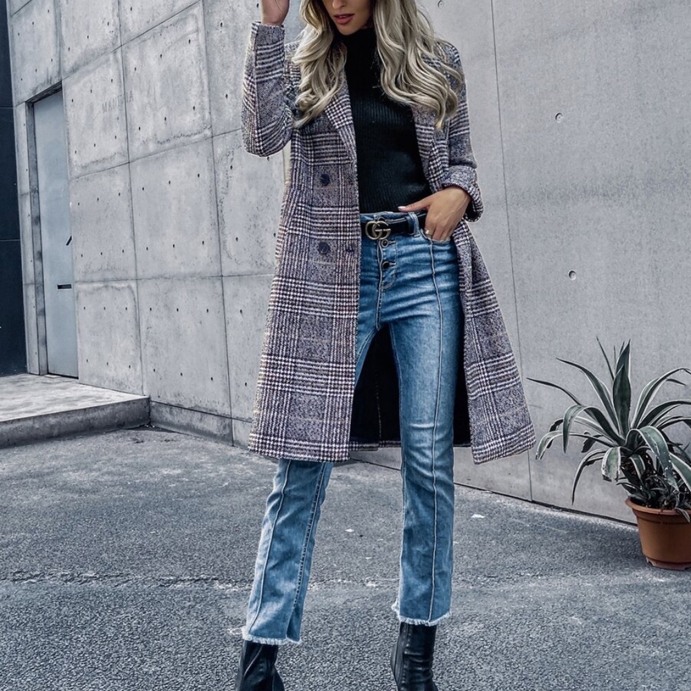 plaid trench button pea coat jacket - Picture 5 of 8